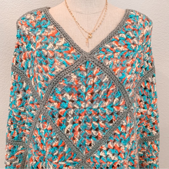 Granny Square Crochet Handmade Knit Shawl Cape Poncho Boho Festival Hippie - Picture 2 of 11